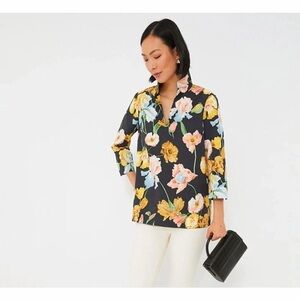 Tuckernuck NWT Moonlit Iris Floral Margot Top Size M Stand Collar 3/4 Sleeve‎